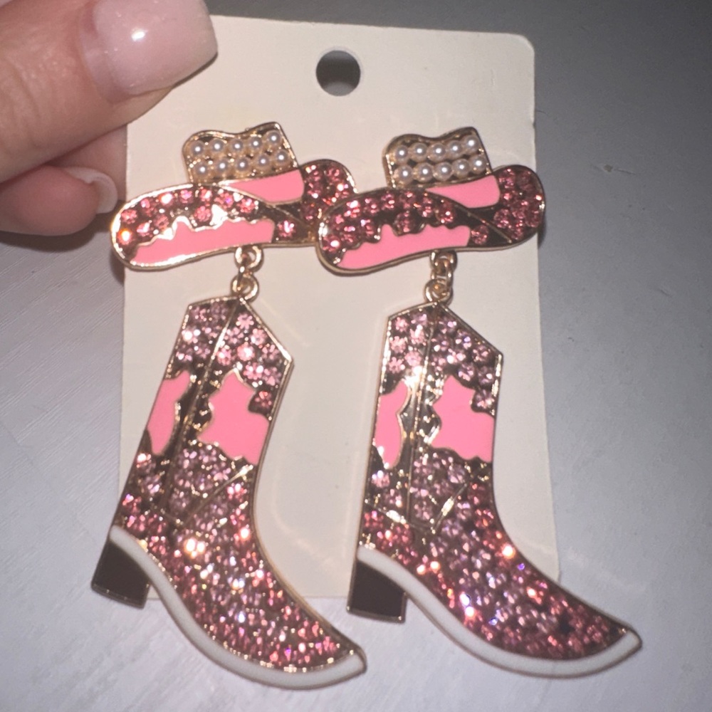 Pink sparkly cowboy hat cowboy boot earrings